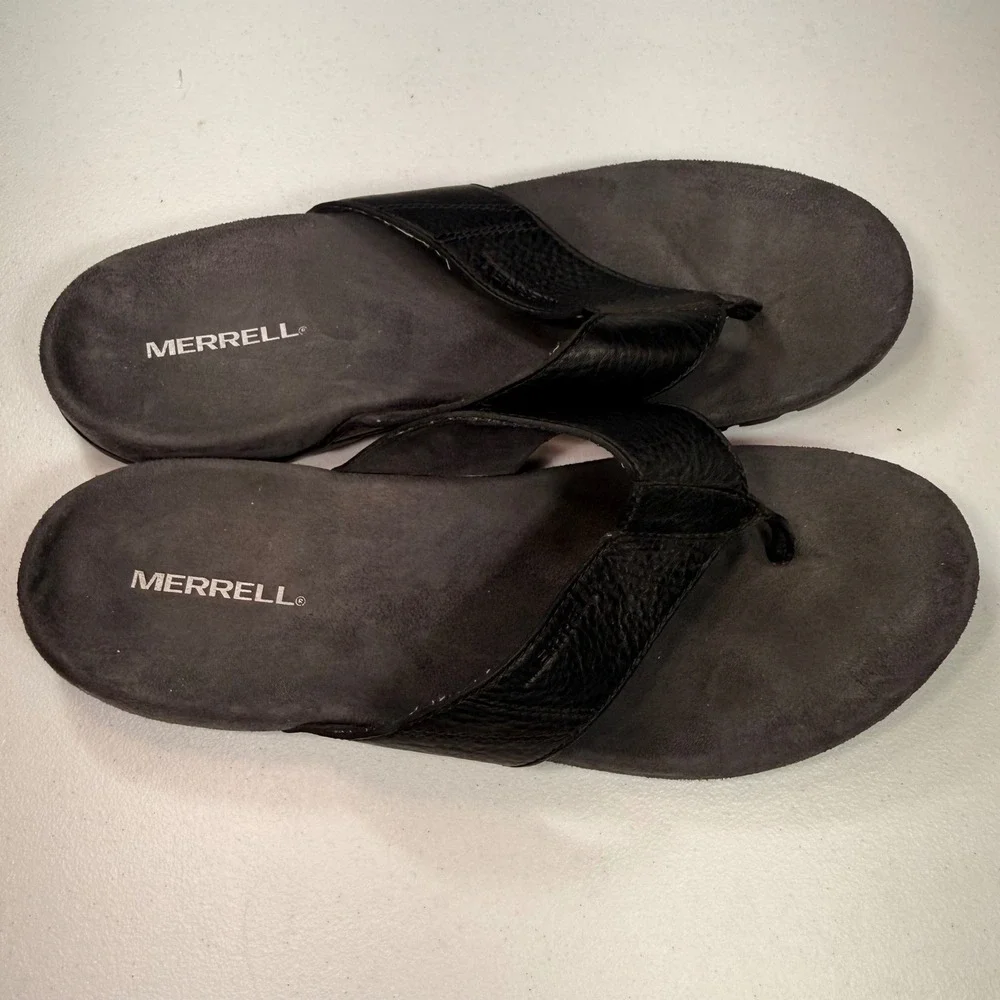 Merrell Mens Black Leather Flip Flop Sandals Performance Air Cushion Size 12